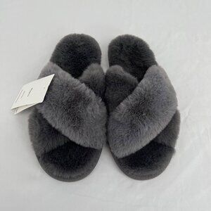 Nordstrom Women's Faux Fur Cross Band Slippers - Size M‎ - Gray